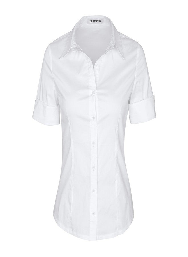 SUNNOW Womens Button Down Shirts Tailored Short Sleeve Shirt Basic Simple Stretch Wrinkle Free Formal Work Blouses White - Image 1